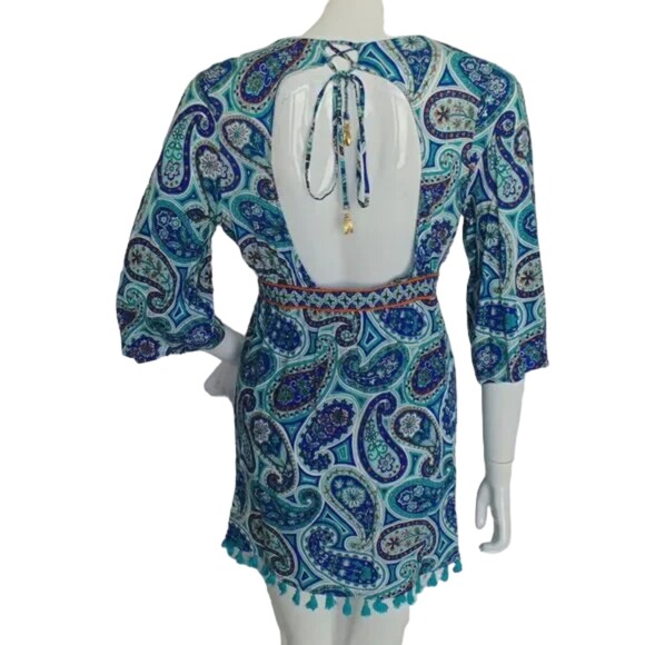 TRINA TURK Swim Cover/Dress, M/L, Low Cut, Open Back, Tassle hem, Blue Paisley - Picture 5 of 14